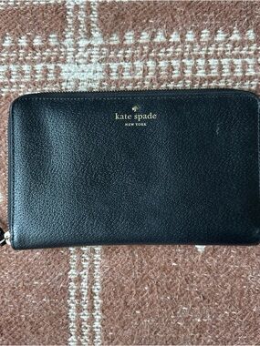 Kate Spade Large Continental zip around Wallet black leather tan interior 5x9